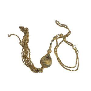 Vintage Gold Tone Tassel Drop Necklace 1970s Retro Style With Ornate Chain & Bal